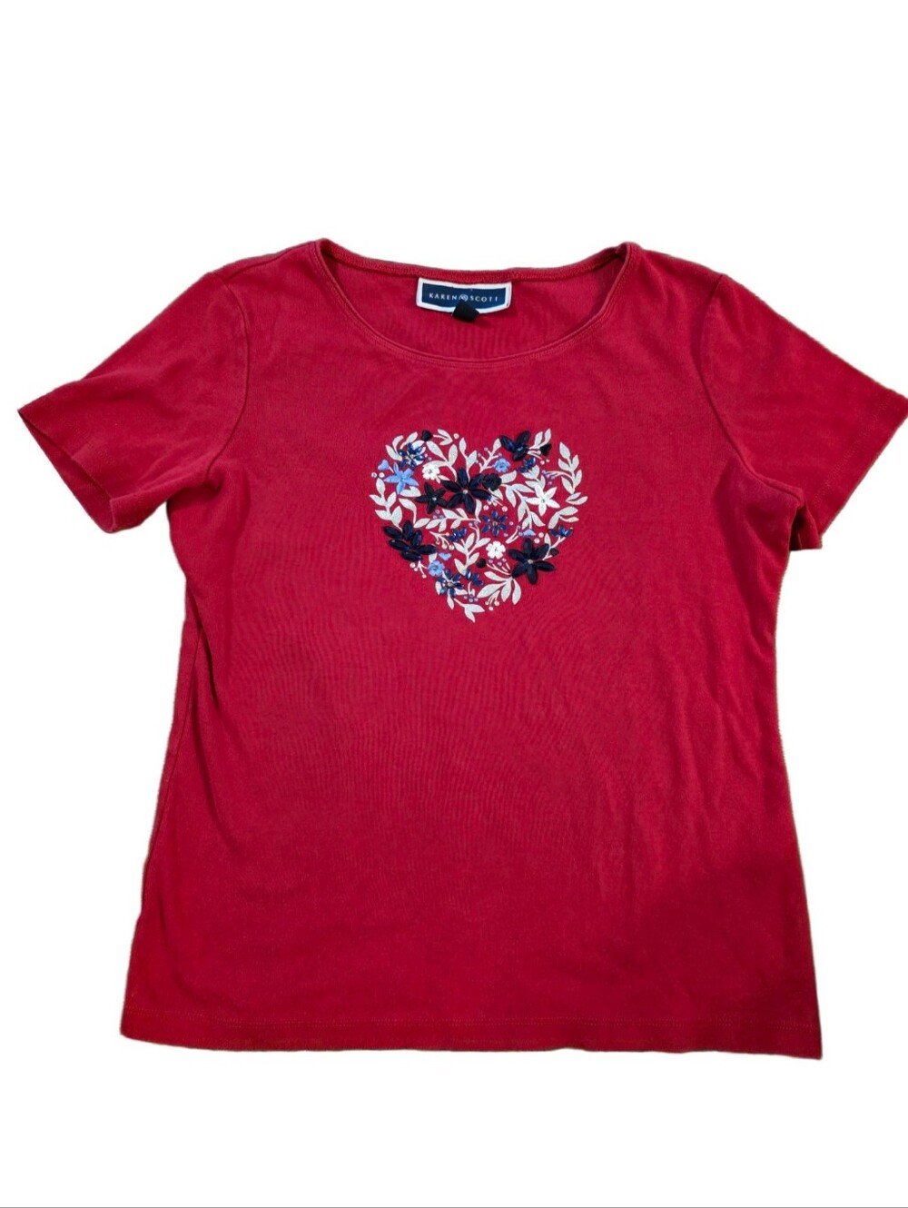 Karen Scott Red Short Sleeve Tee with Floral Jeweled Embroidered Heart Motif